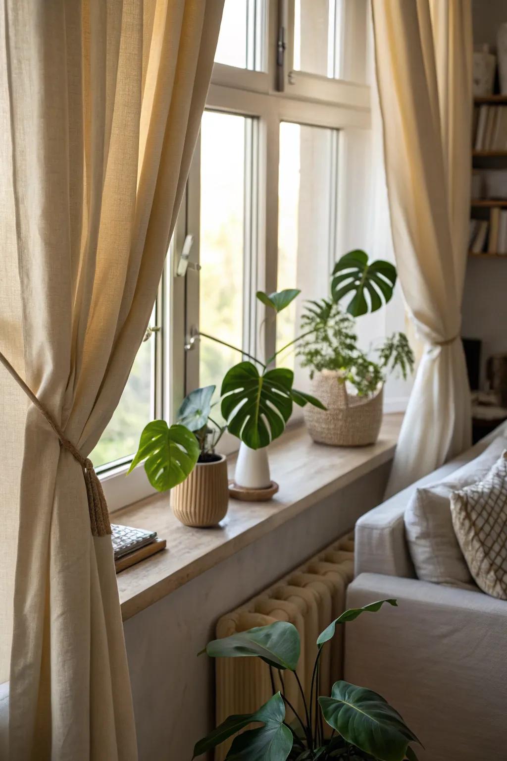 Curtain tiebacks composed of tiny monstera leaves.