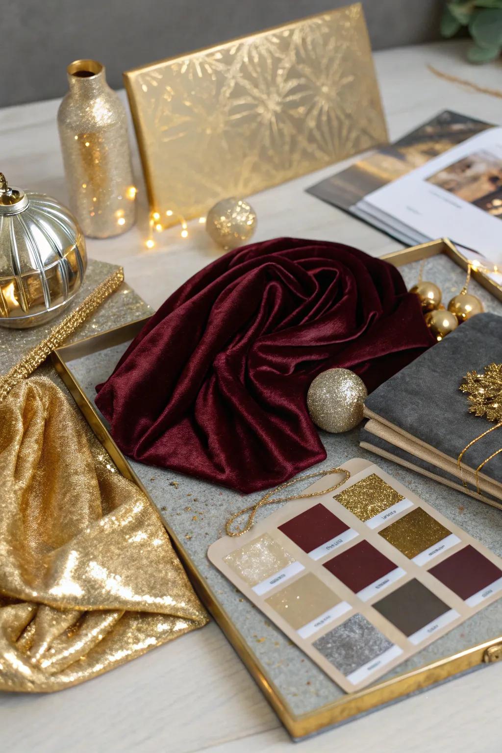 A glamorous-themed mood board exhibiting sophisticated and luxurious accents.