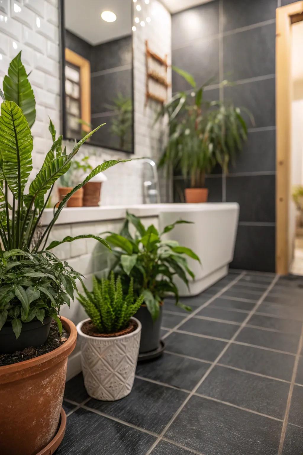 Botanical touches bring life and color to subdued bathrooms.