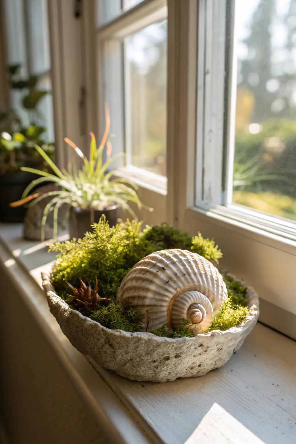 A coastal-inspired planter featuring moss and seashells.