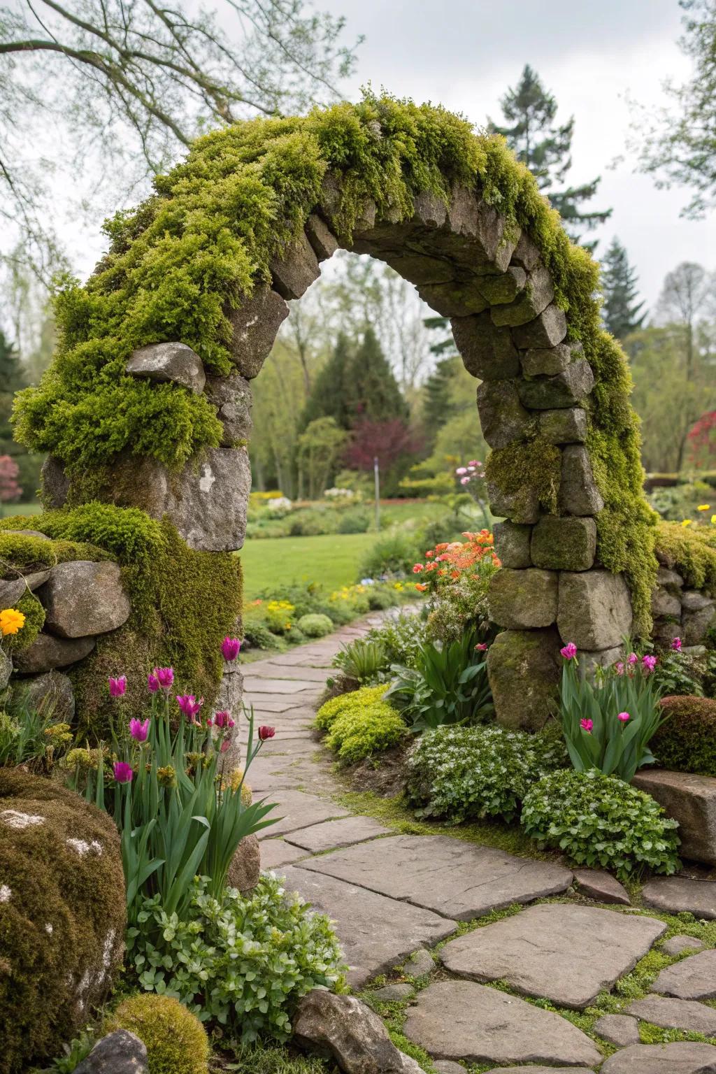 A striking setting entrance fashioned by moss-draped stones.