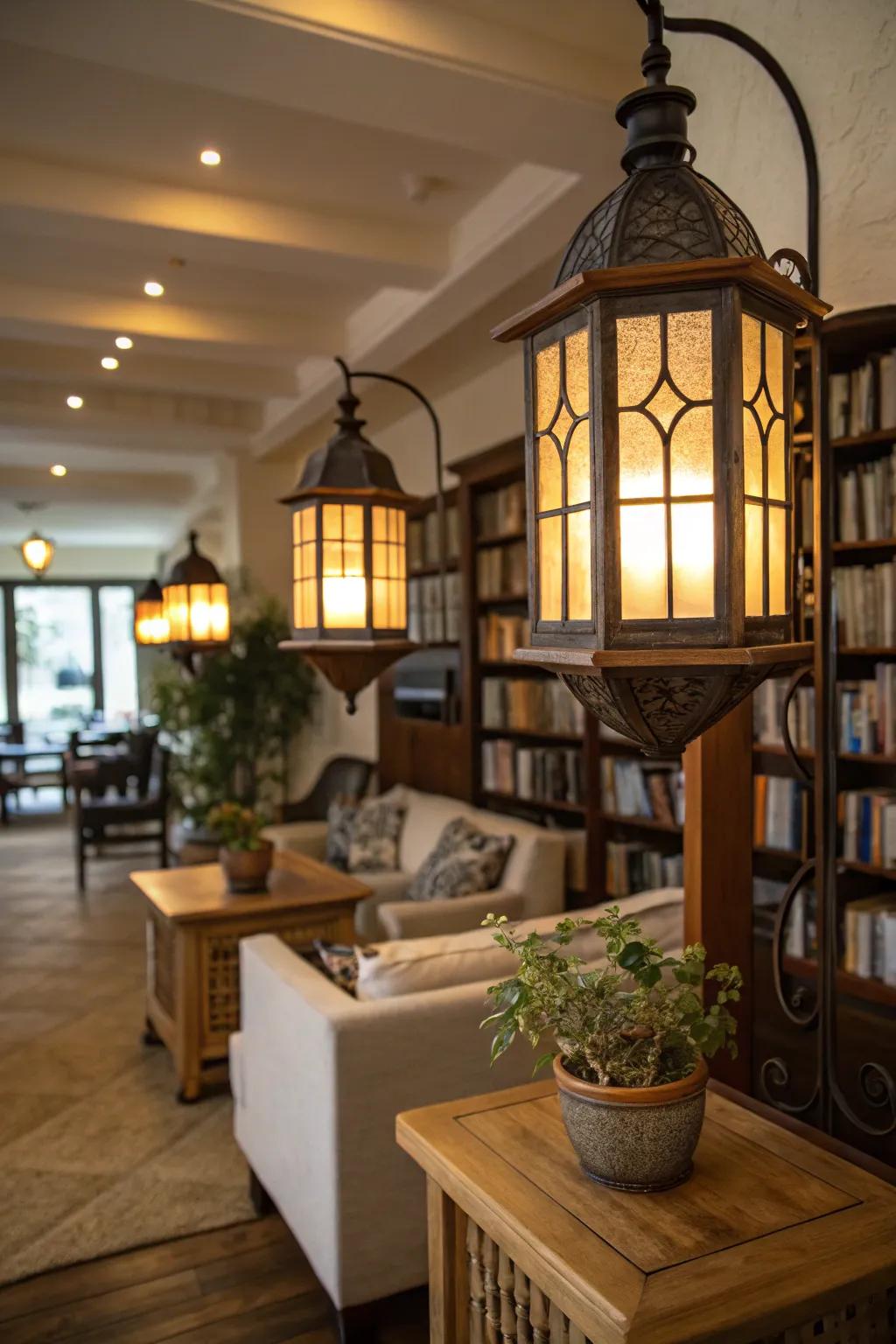A cozy atmosphere with lantern-style illumination.