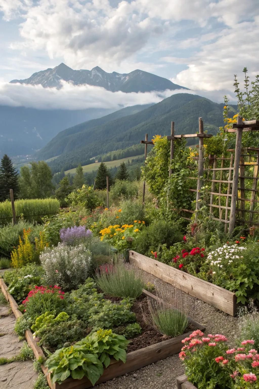A diverse planting bed showing off textures and colors in a mountain garden.