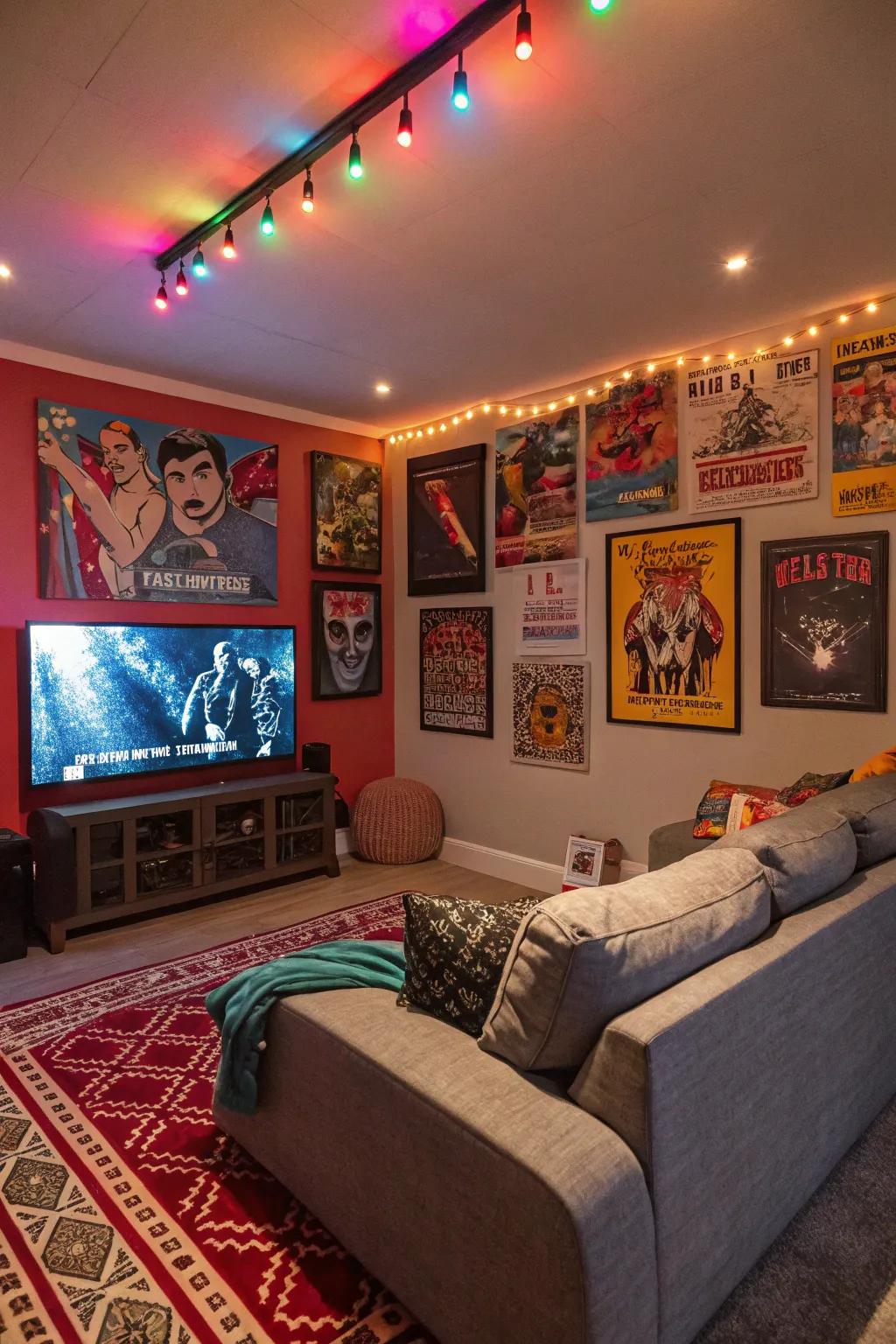 A den featuring pop art film-themed artwork.