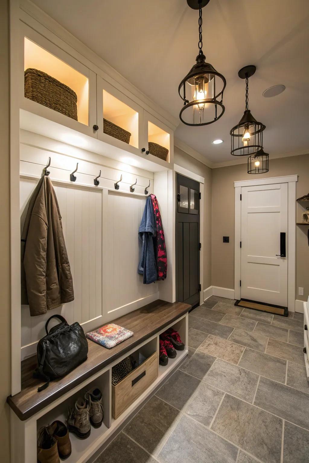 Smart lighting enriches functionality and atmosphere in the mudroom.