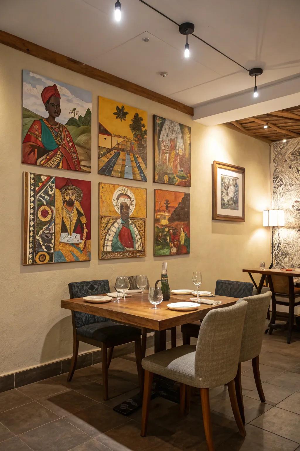 A cultural assemblage of global motifs across several canvases, sparking dialogue within the eating space.