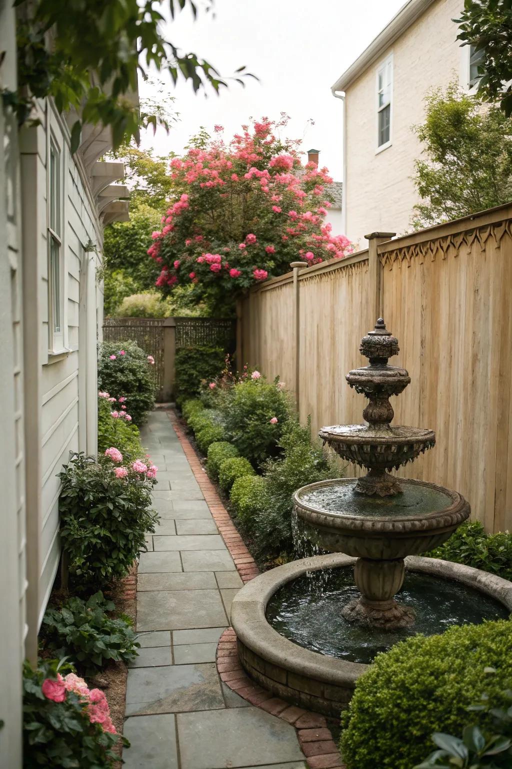 A modest water feature elevates the ambiance of a slender garden.