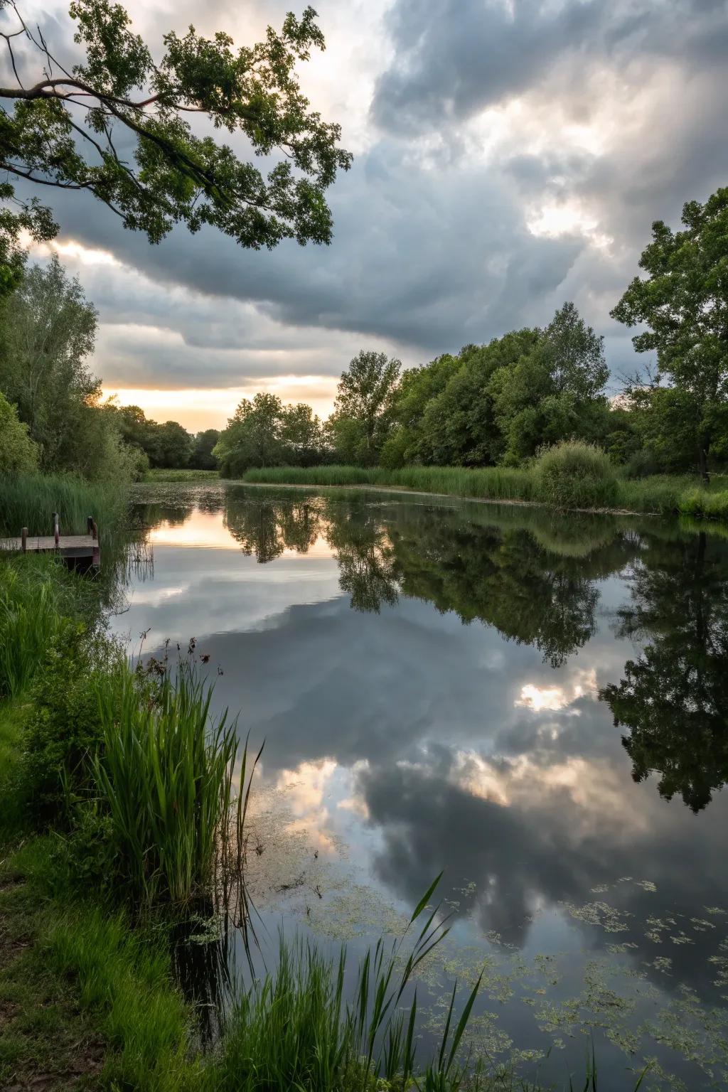 A reflective pond plane elevating the splendor of its environs.
