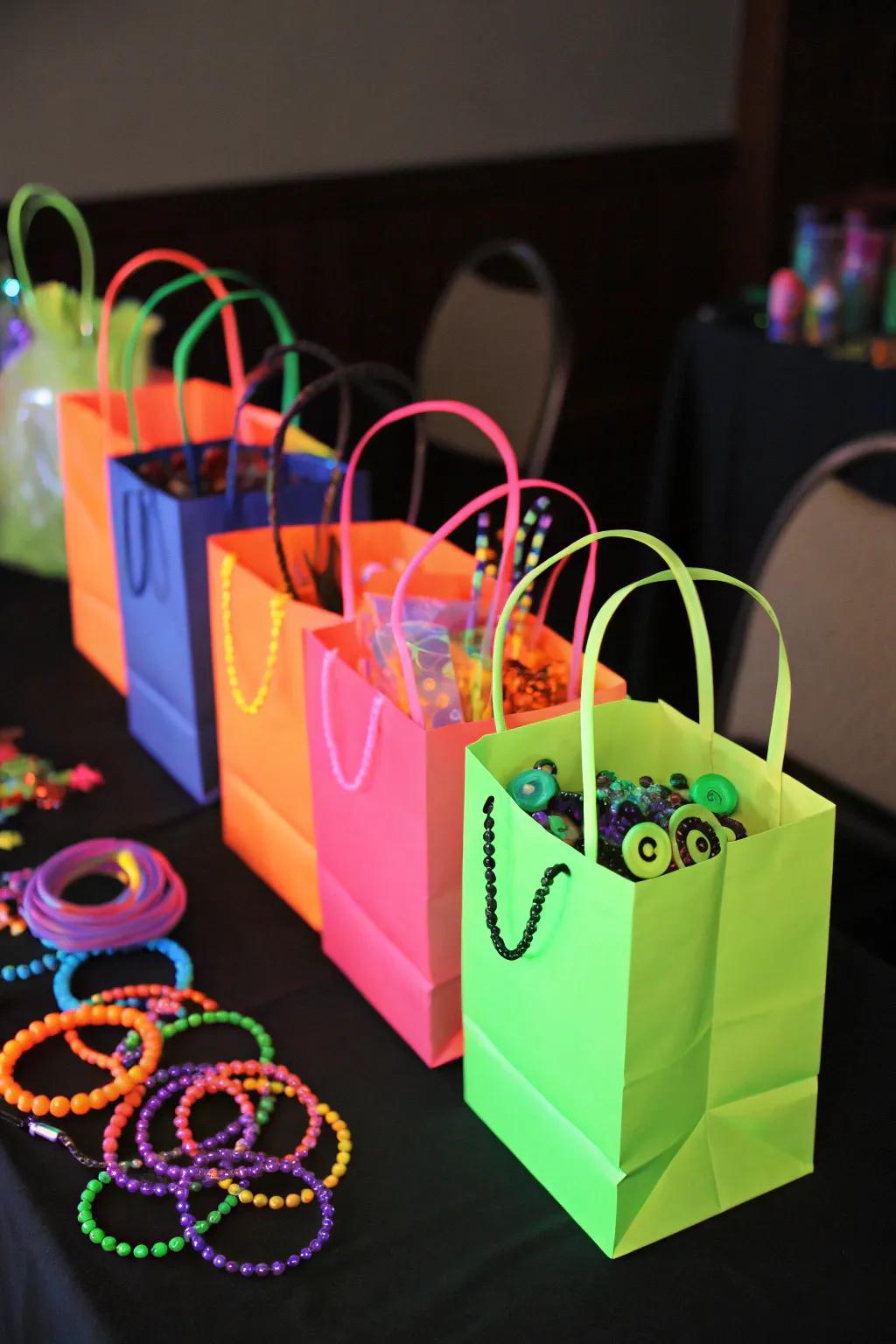 Radiant celebration favor packs replete with glow-in-the-dark goodies, sustaining the celebratory spirit.
