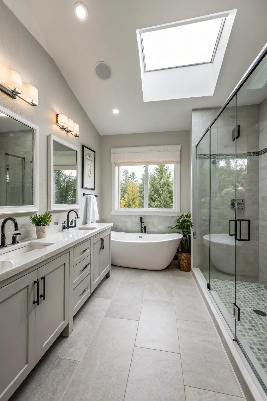 Balanced layout brings stability to this neutral bathroom.