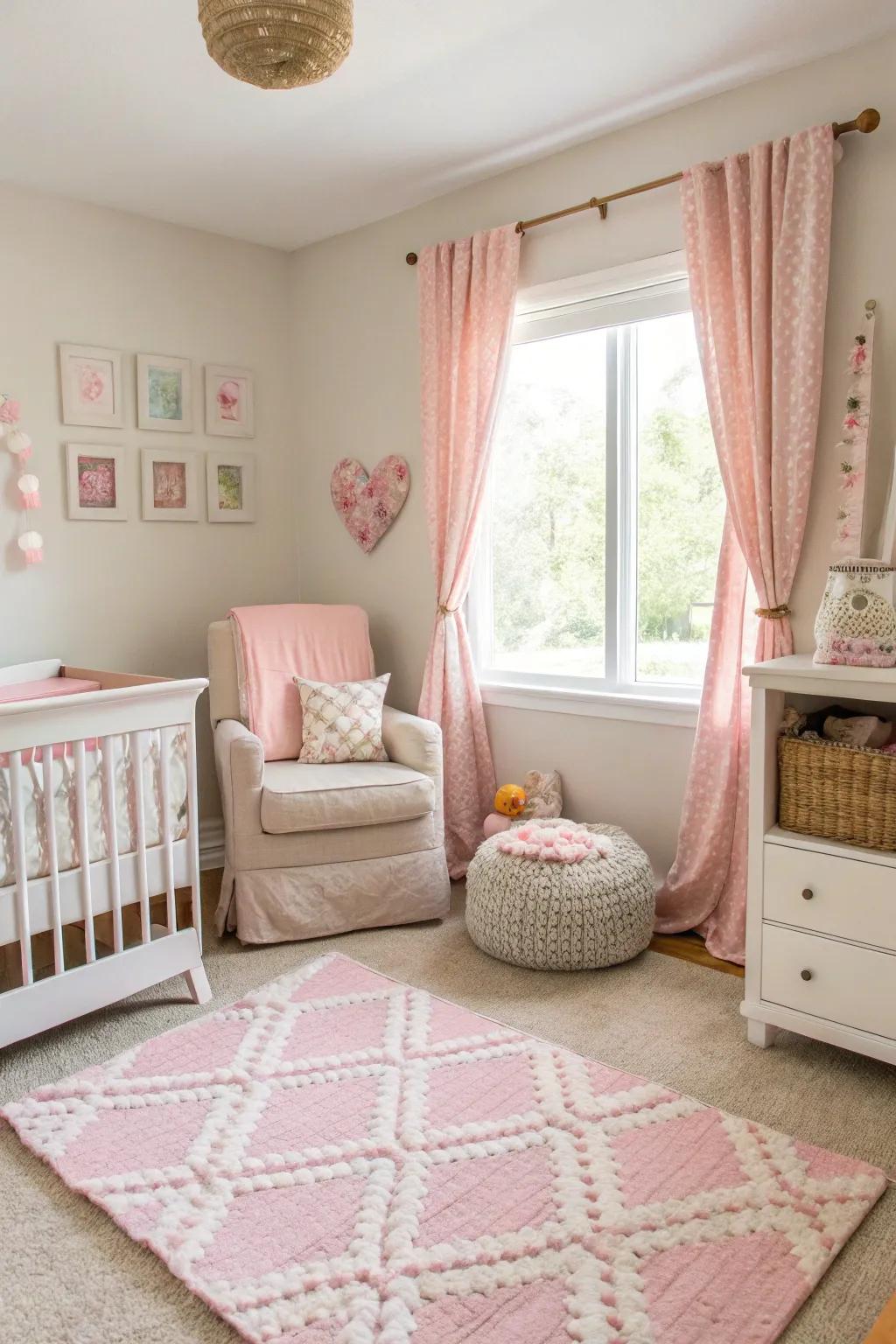A nursery featuring soft faint rose embellishments.