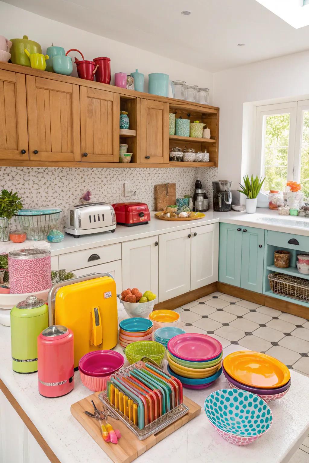 A lively cooking area featuring squirts of color.