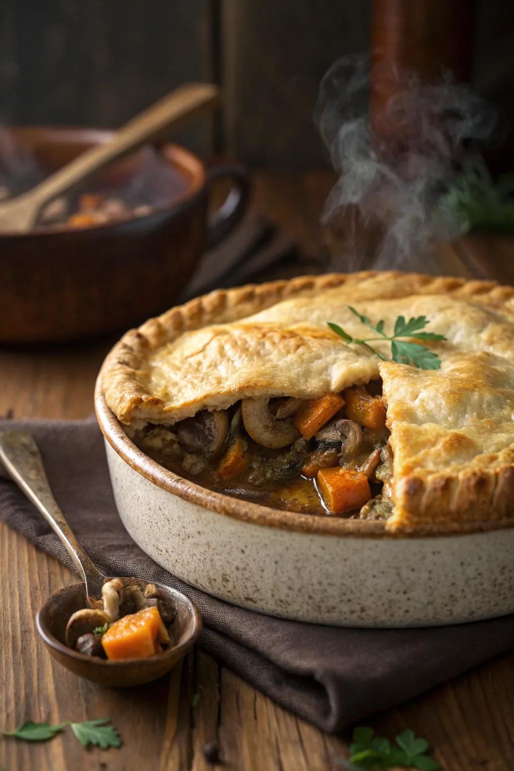 A comforting vegan mushroom and sweet potato potpie, pleasing both plant-based and meat-eaters alike.