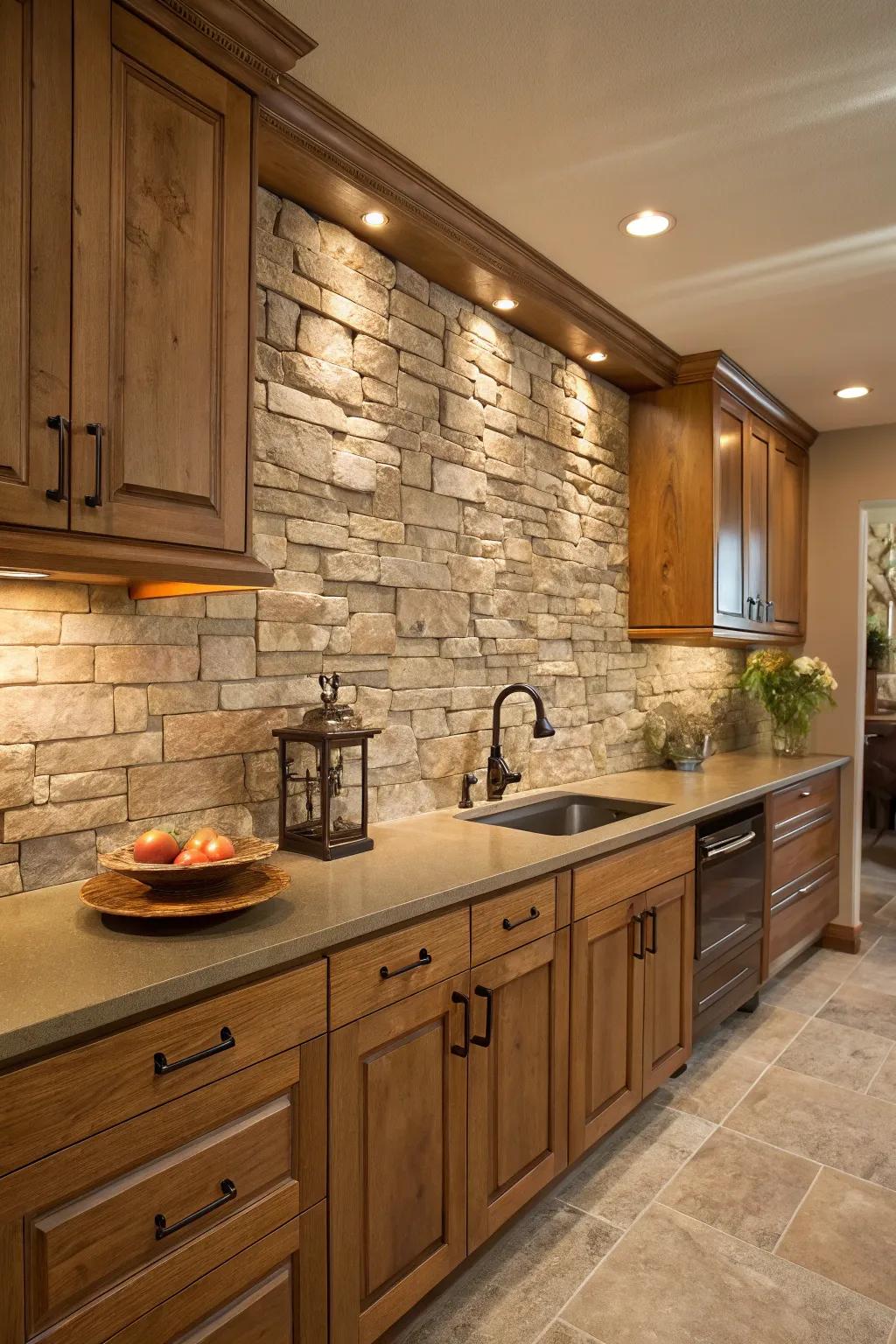 Rock overlay backsplashes provide a natural and textural kitchen element.