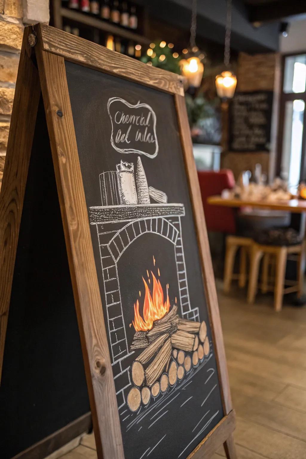 A snug fireside chalkboard, encouraging warmth and repose.