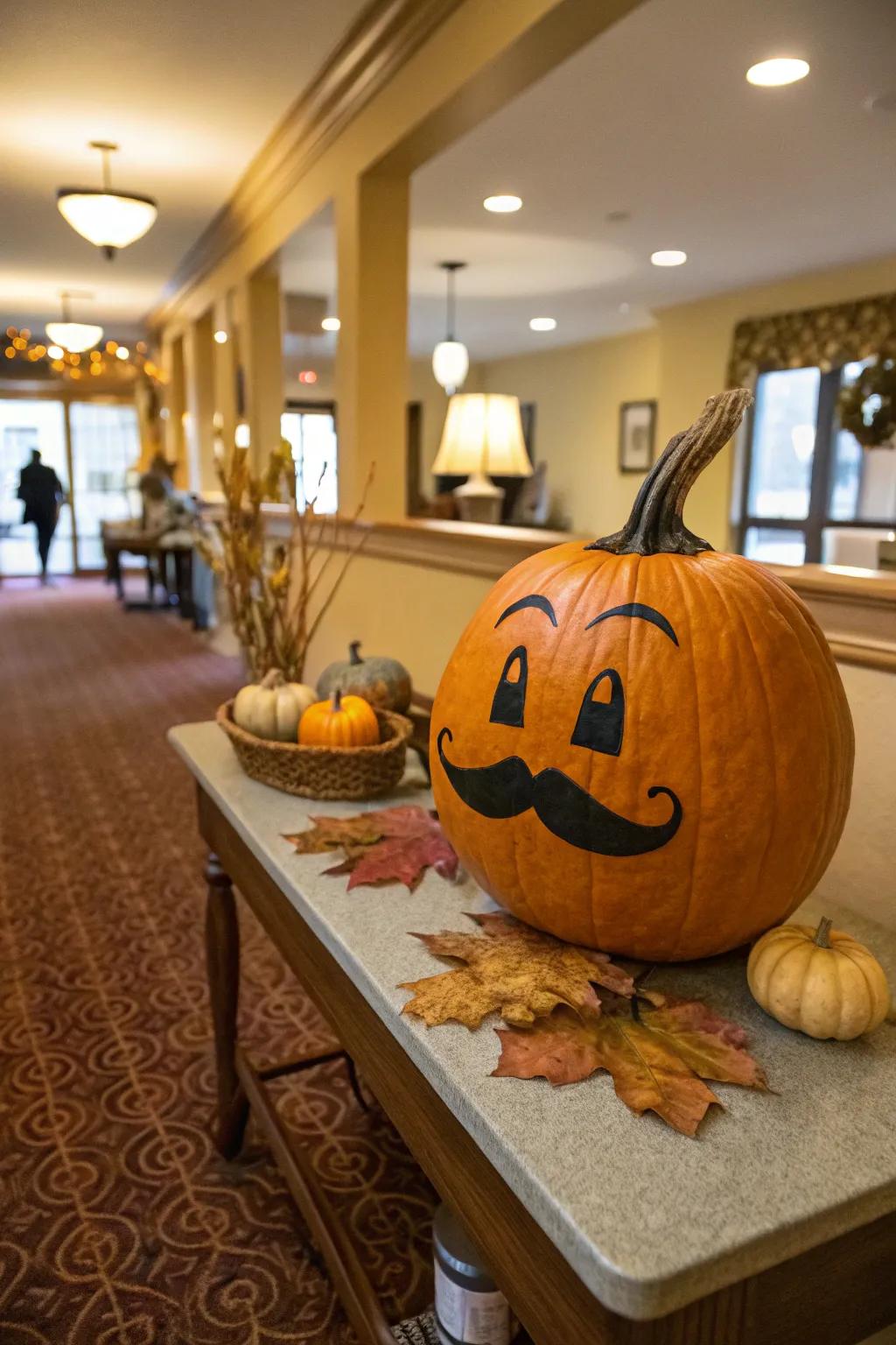 A funny upper lip decoration injects a quirky element to this pumpkin.