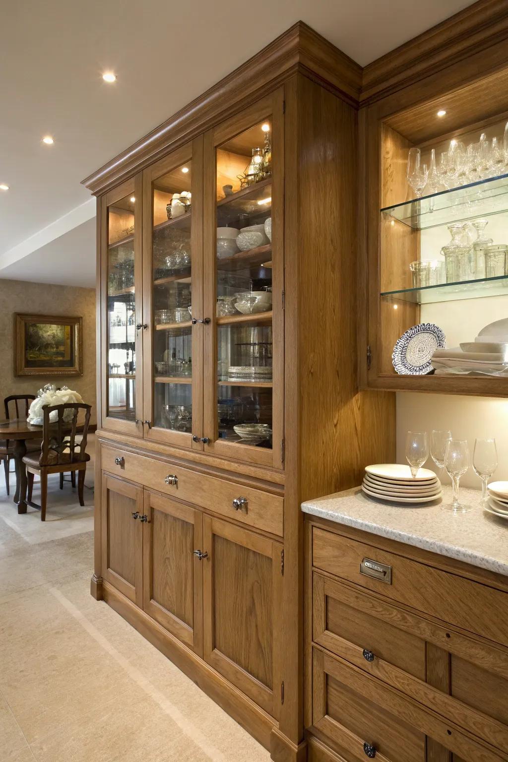 Glass unit entrances enrich elegance to oak kitchens.
