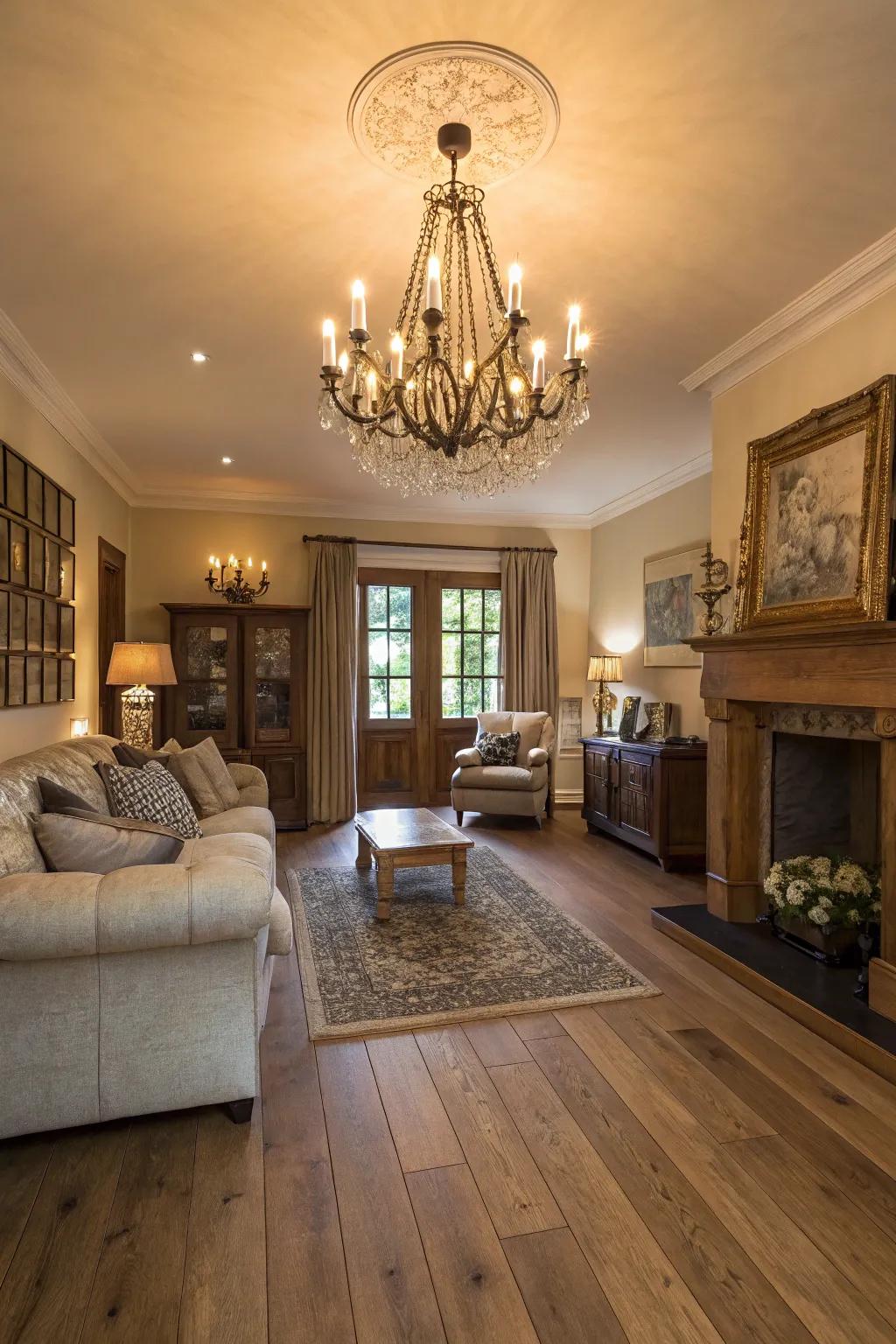 Prominent illumination adds drama and elegance to oak floors.