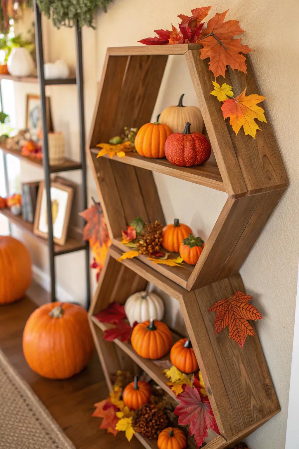 Seasonal décor sustains octagon ledges looking rejuvenated.