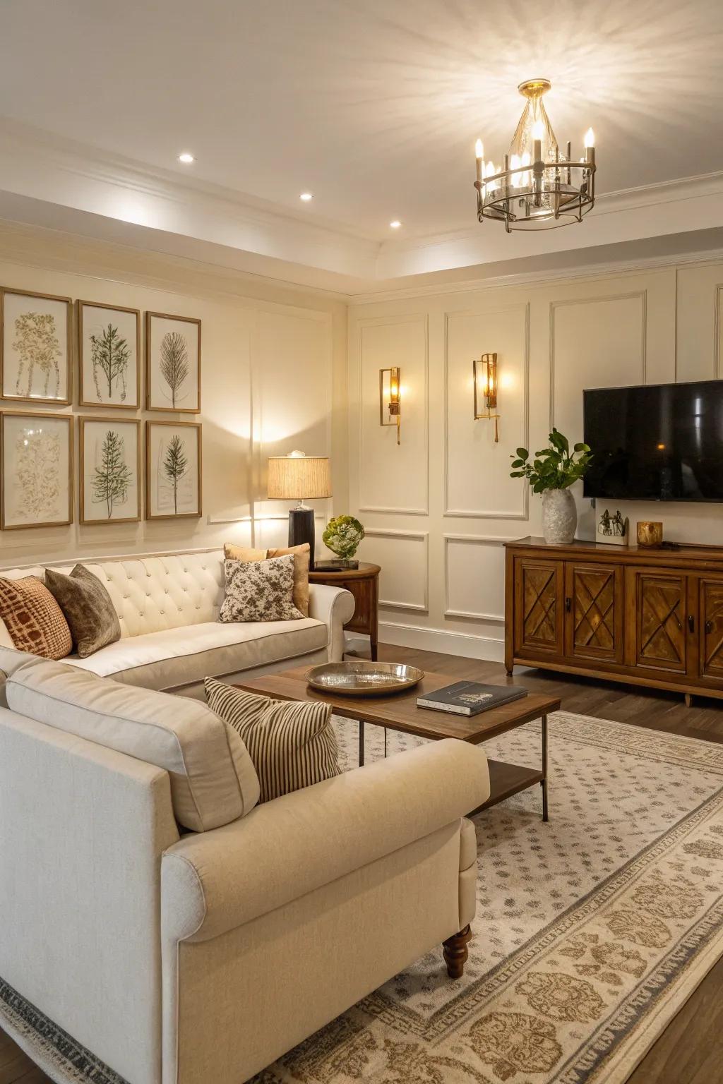 Different finishes add visual dimension to an off white living room.