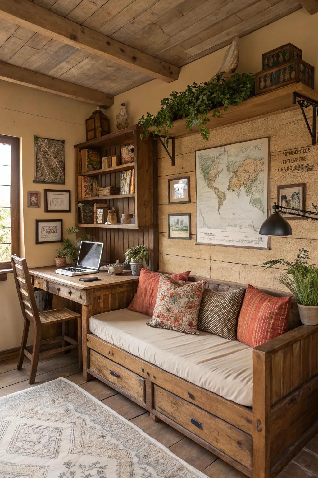 A rustic daybed adds charm and texture to your office.