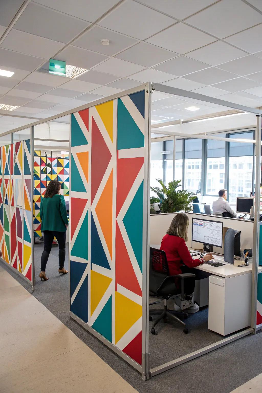 Geometric motifs append a bold, modern edge to office dividers.
