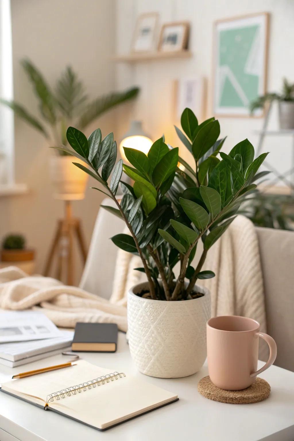Opt for an eternity plant for compact elegance and resilience in dimly lit office spaces.
