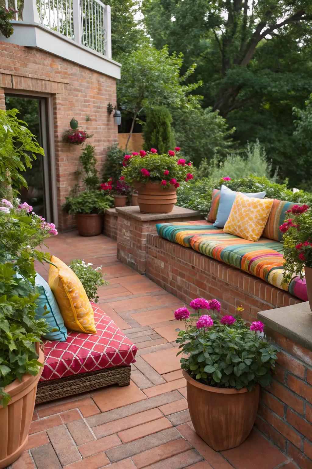 Audacious hue accents infuse vibrancy into the brick patio