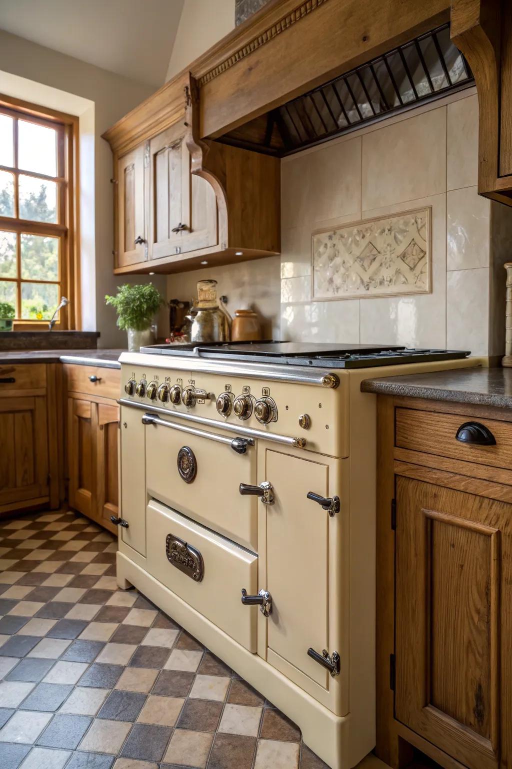 A vintage range provides a focal point with old-world charm.