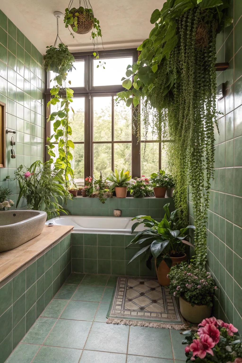 A spa-like bathroom setting featuring botanically-inspired olive green tiles.