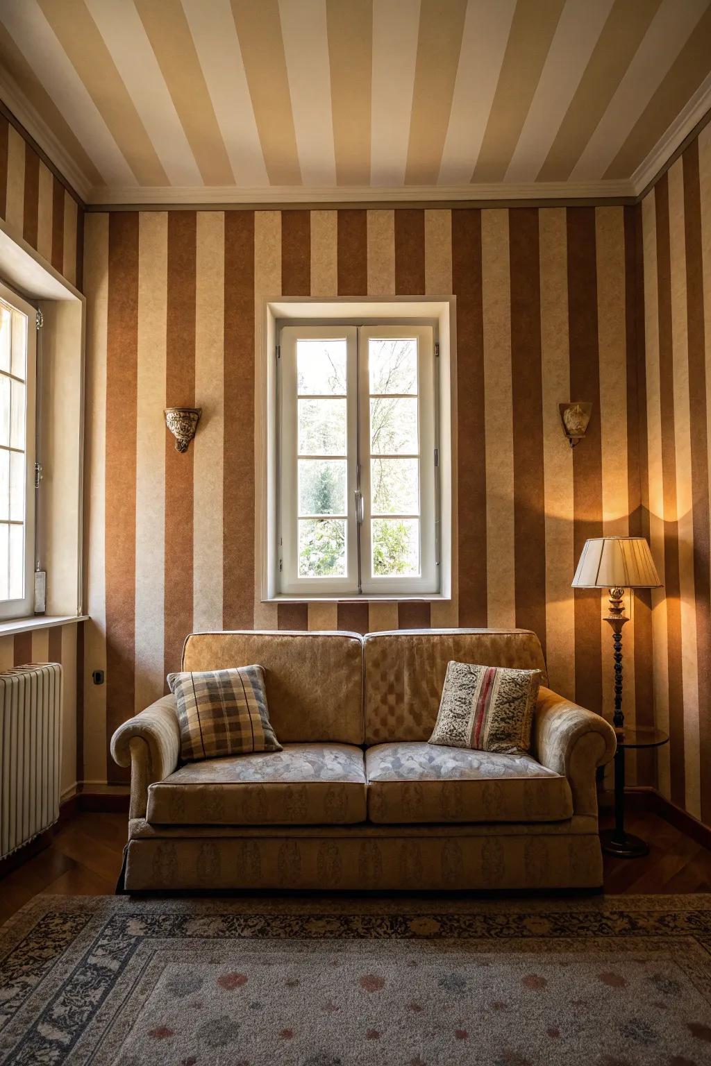 Vertical lines add height and sophistication to the living room.