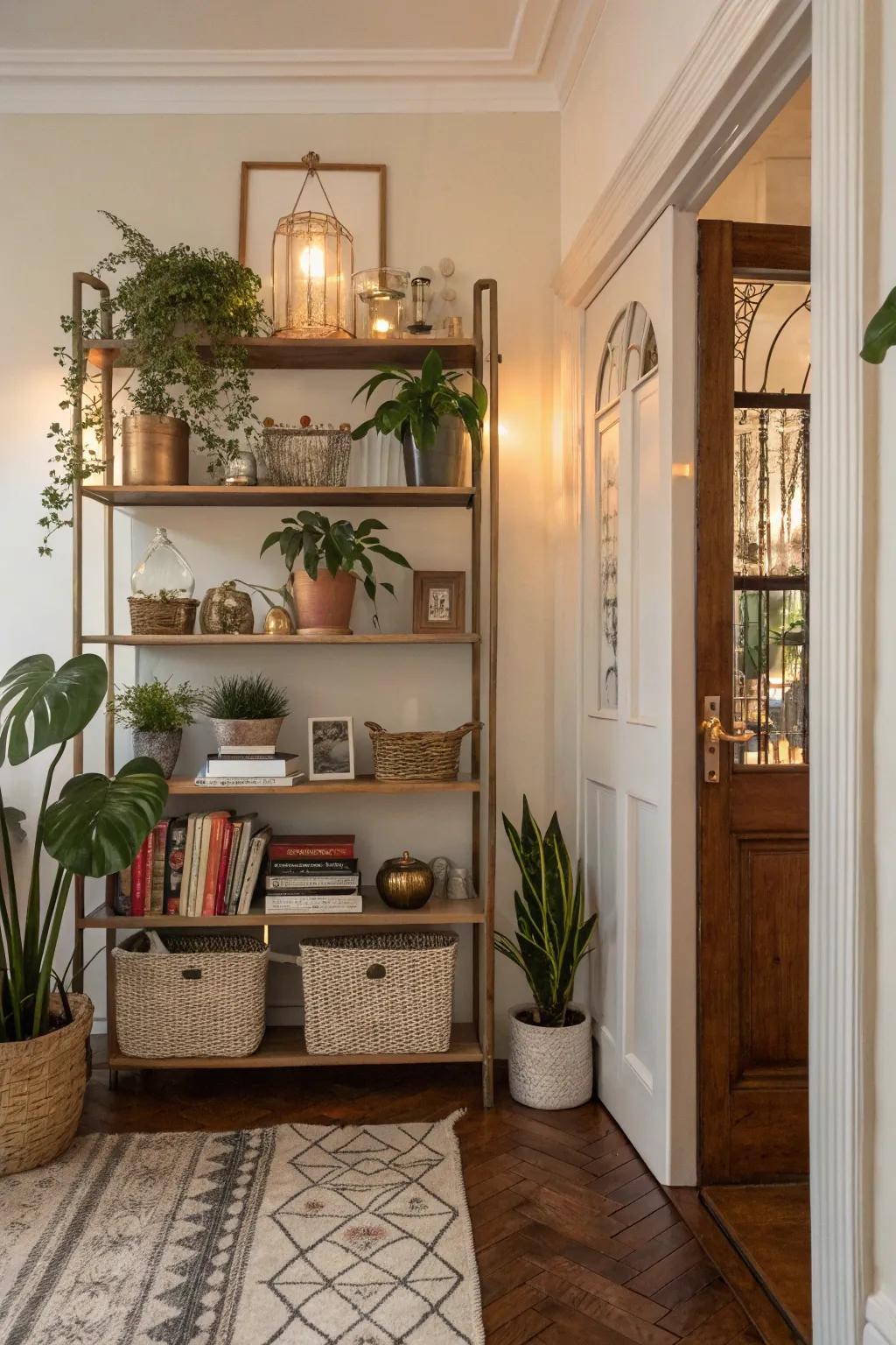Shelving in an entryway unites function with display, perfect for personal treasures.