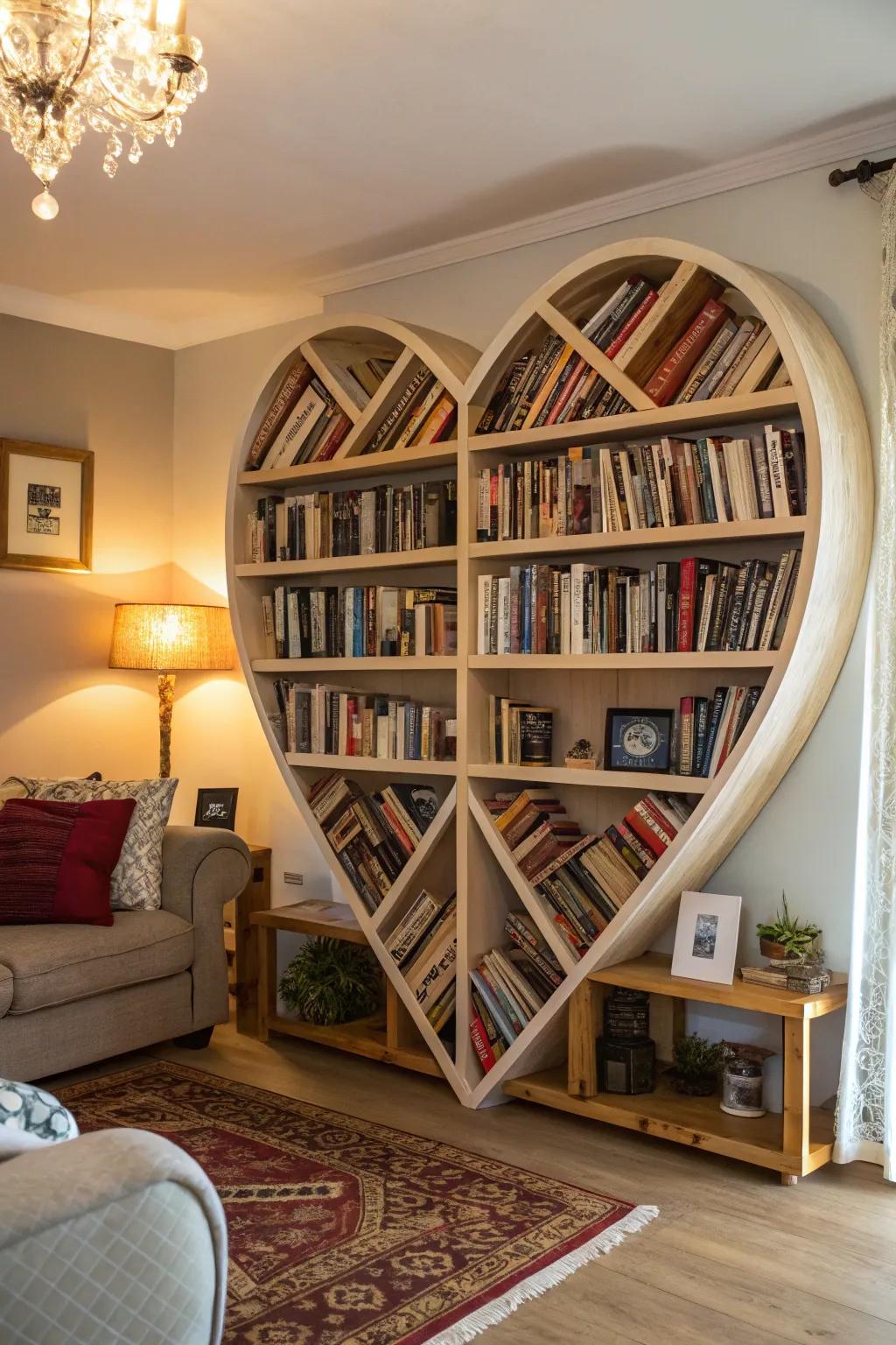 The combination of function and art in heart-shaped bookshelves is beautiful.