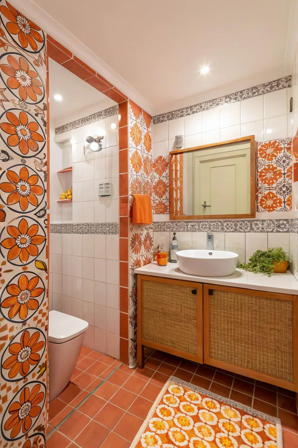 A bathroom showcasing orange patterned tiling for increased personality and enjoyment.