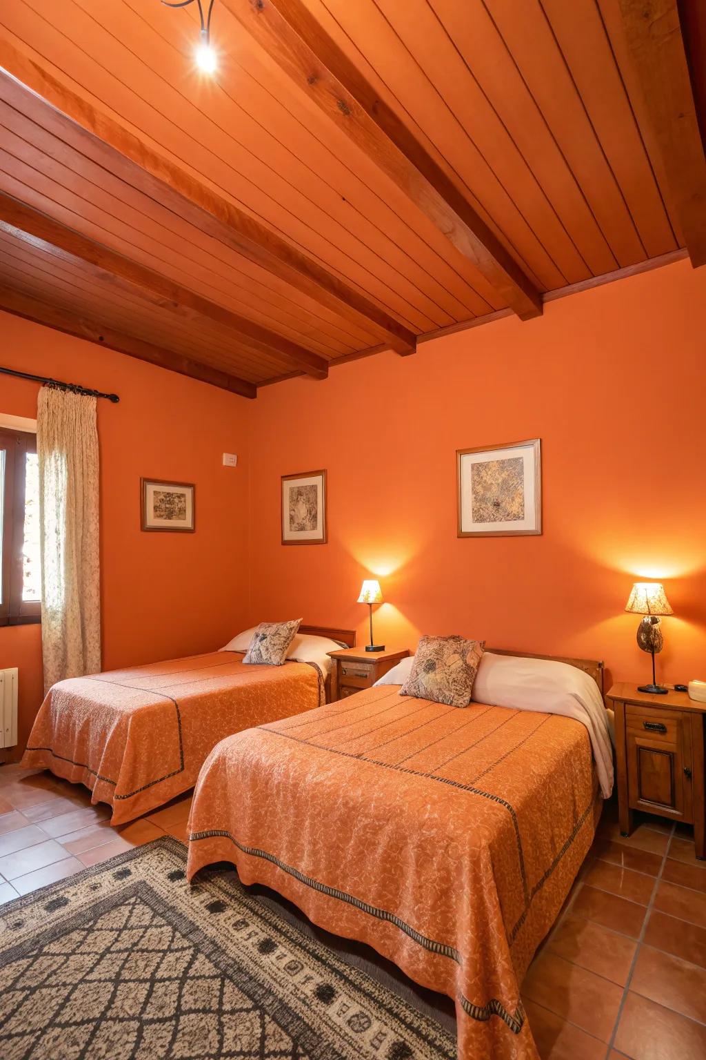 An orange ceiling engenders an atmosphere characterized by drama coupled with intimacy.