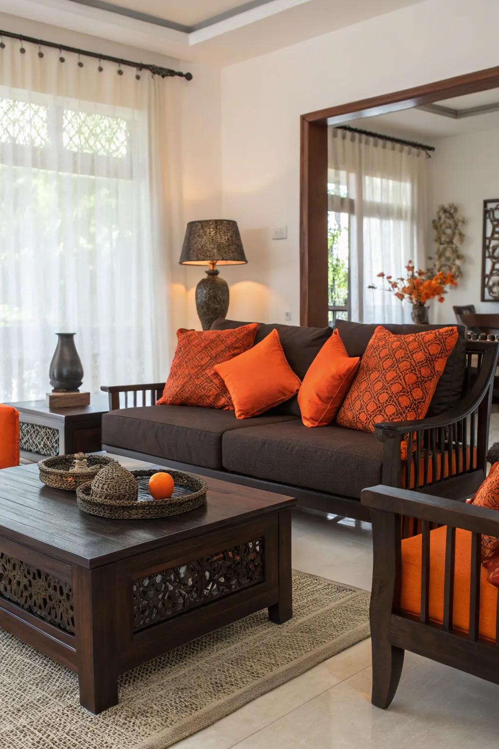 Orange and dark features craft a modern and sophisticated contrast.