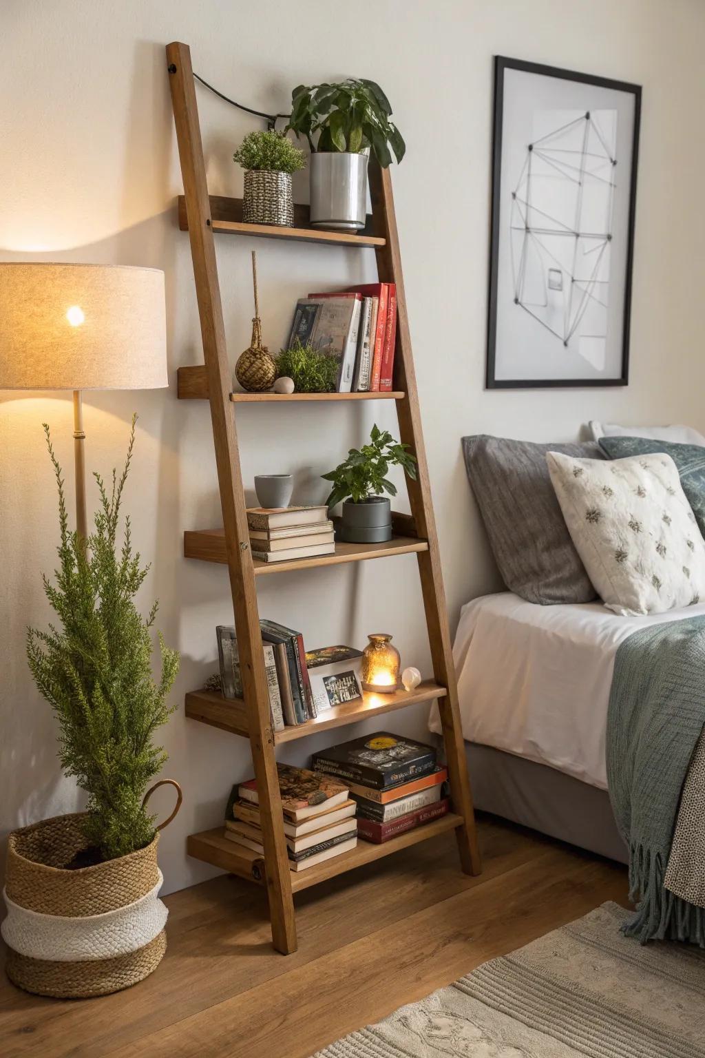 Ladder shelves provide stylish vertical storage.