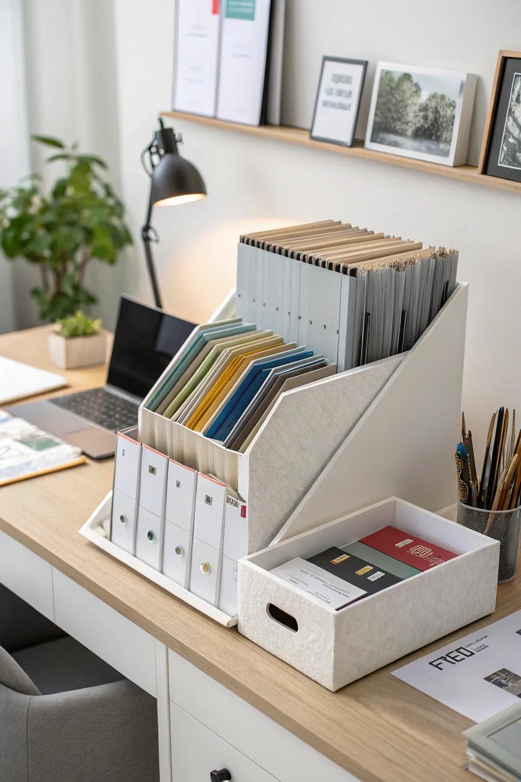 Vertical file holders keep documents neatly arranged and easy to access.