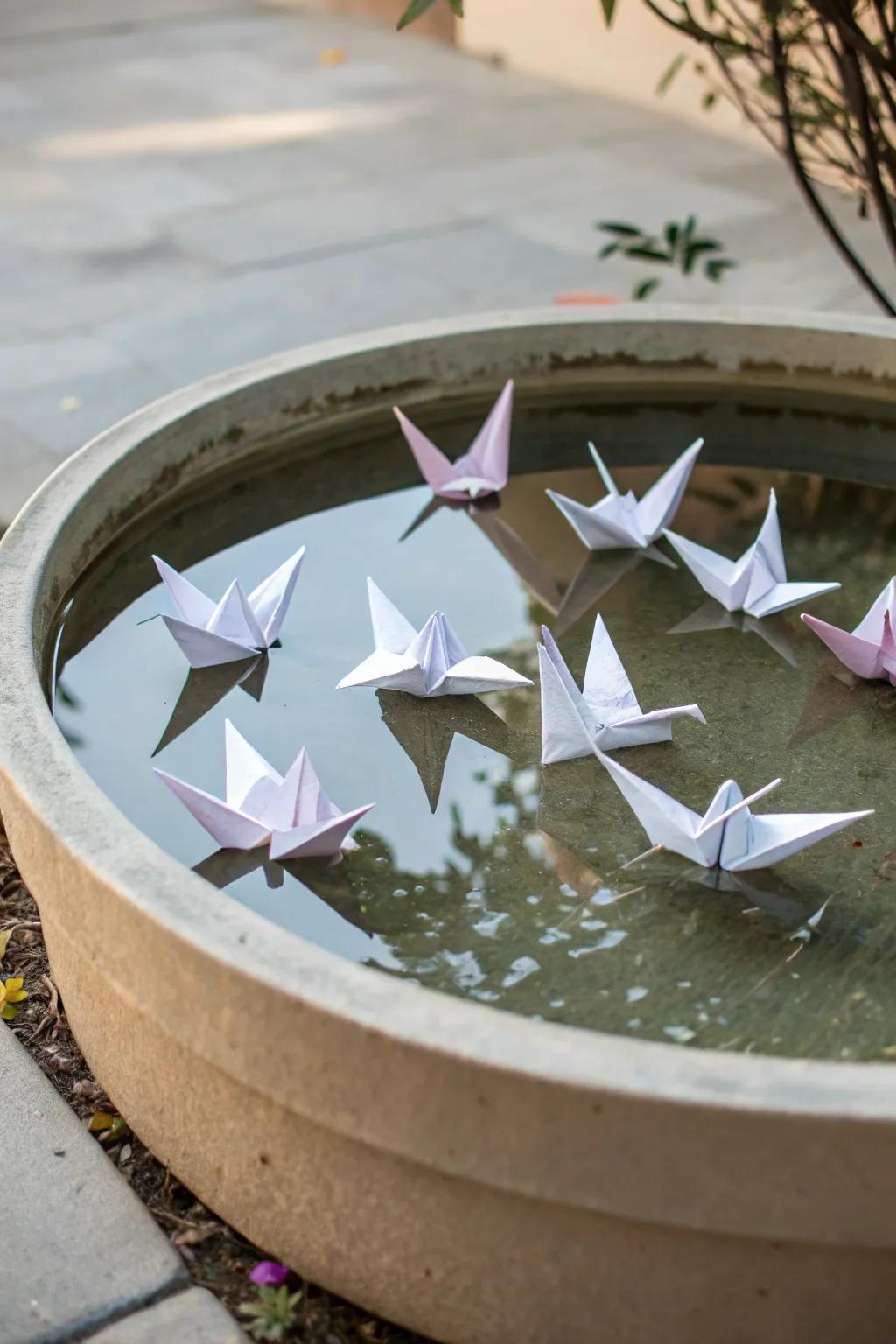 A serene mirrored pool with floating cranes.