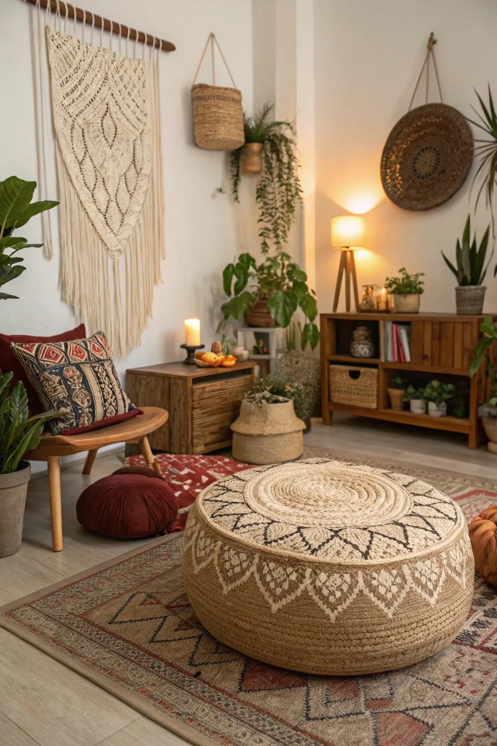 A woven ottoman introduces natural texture to a bohemian seating space.