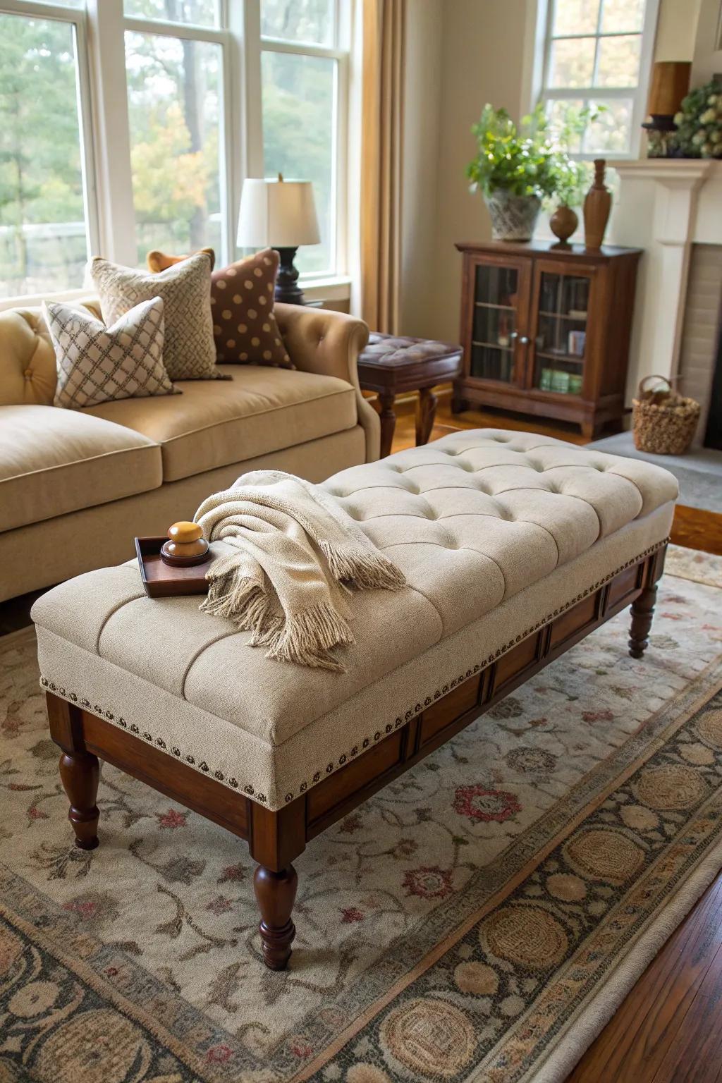 A long ottoman serving as a useful bench.