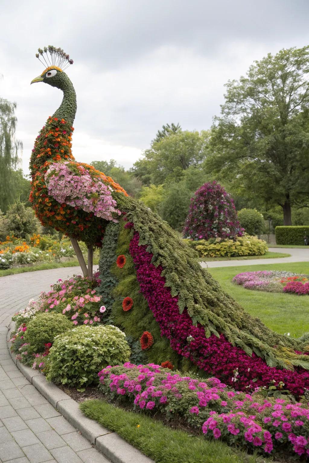 A breathtaking floral sculpture crafted in the shape of a peacock.