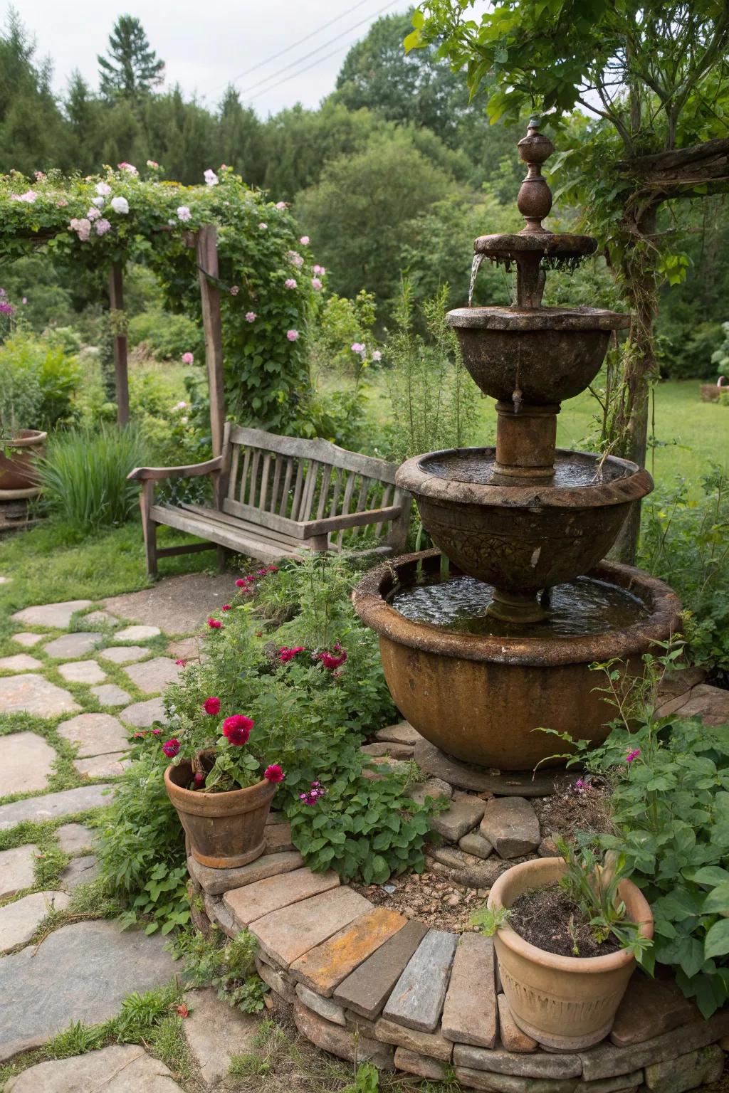 Repurposed materials fountains add an environmentally friendly and individual elegance.