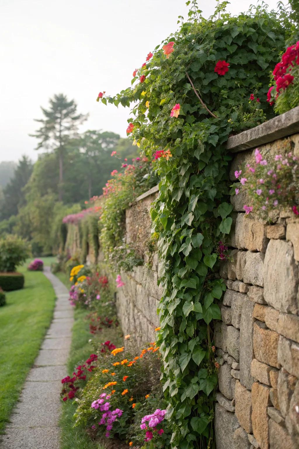 Creeping flora transform stone walls into lively, breathing artwork.