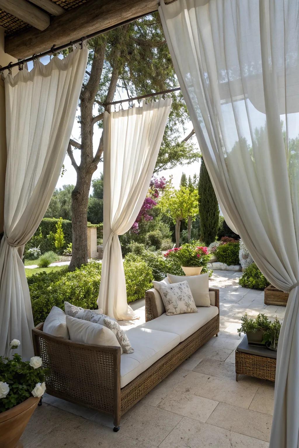Open-air curtains offer privacy and elegance.