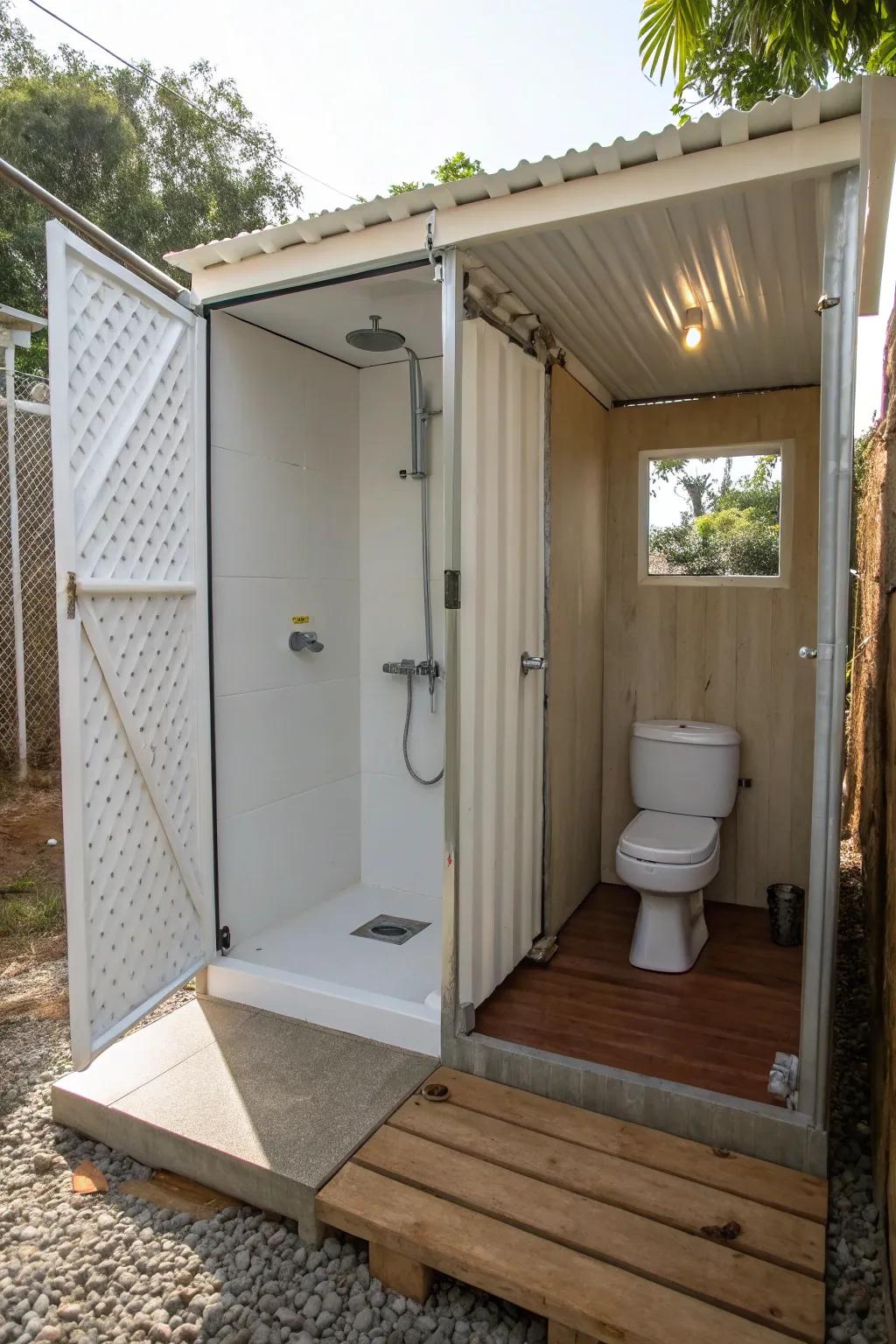 Optimize space using a double-purpose shower and lavatory setup.
