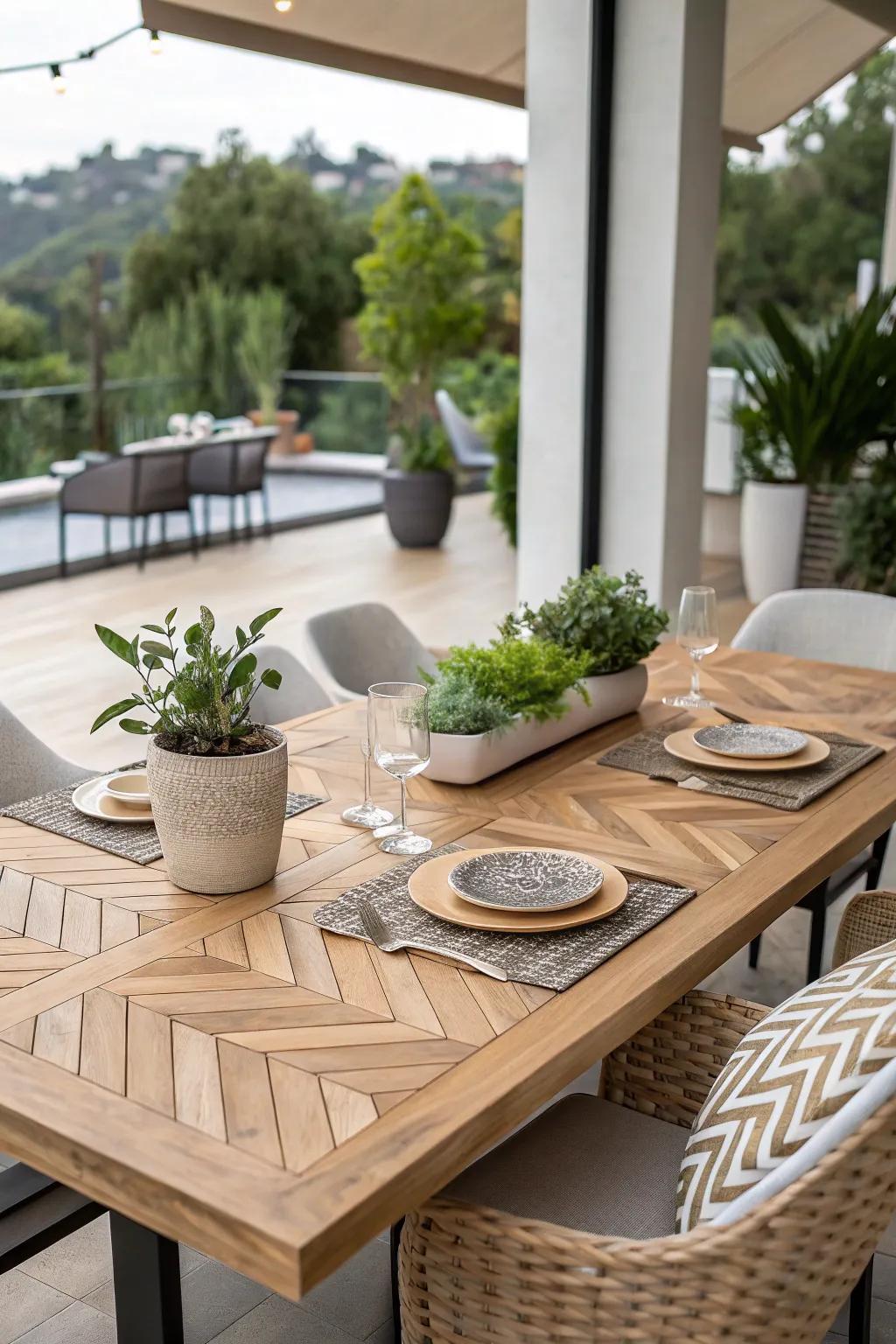 Chevron pattern table tops are timeless and add dynamic visual interest.