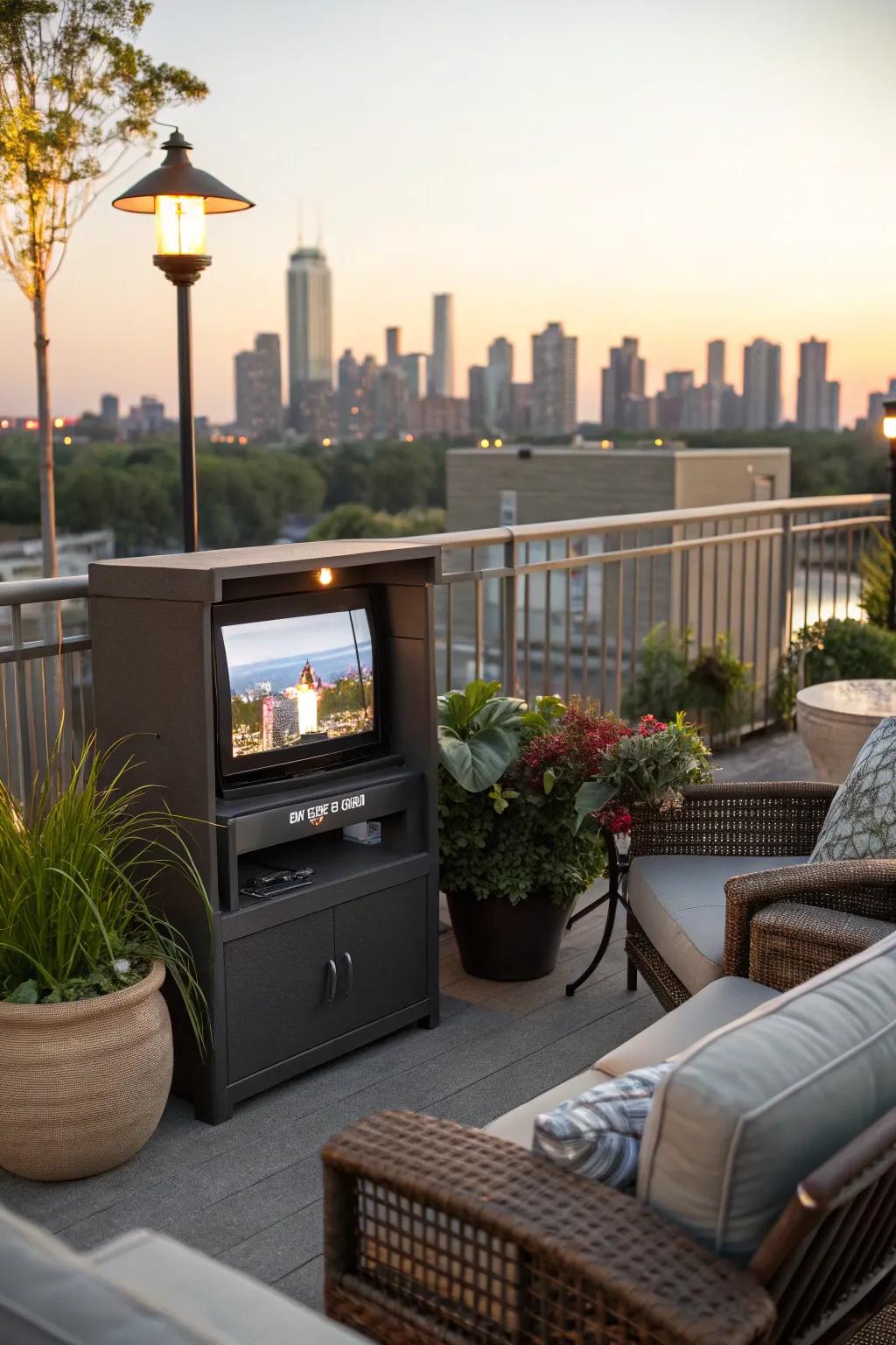 Maximize small spaces with a compact terrace television setup.