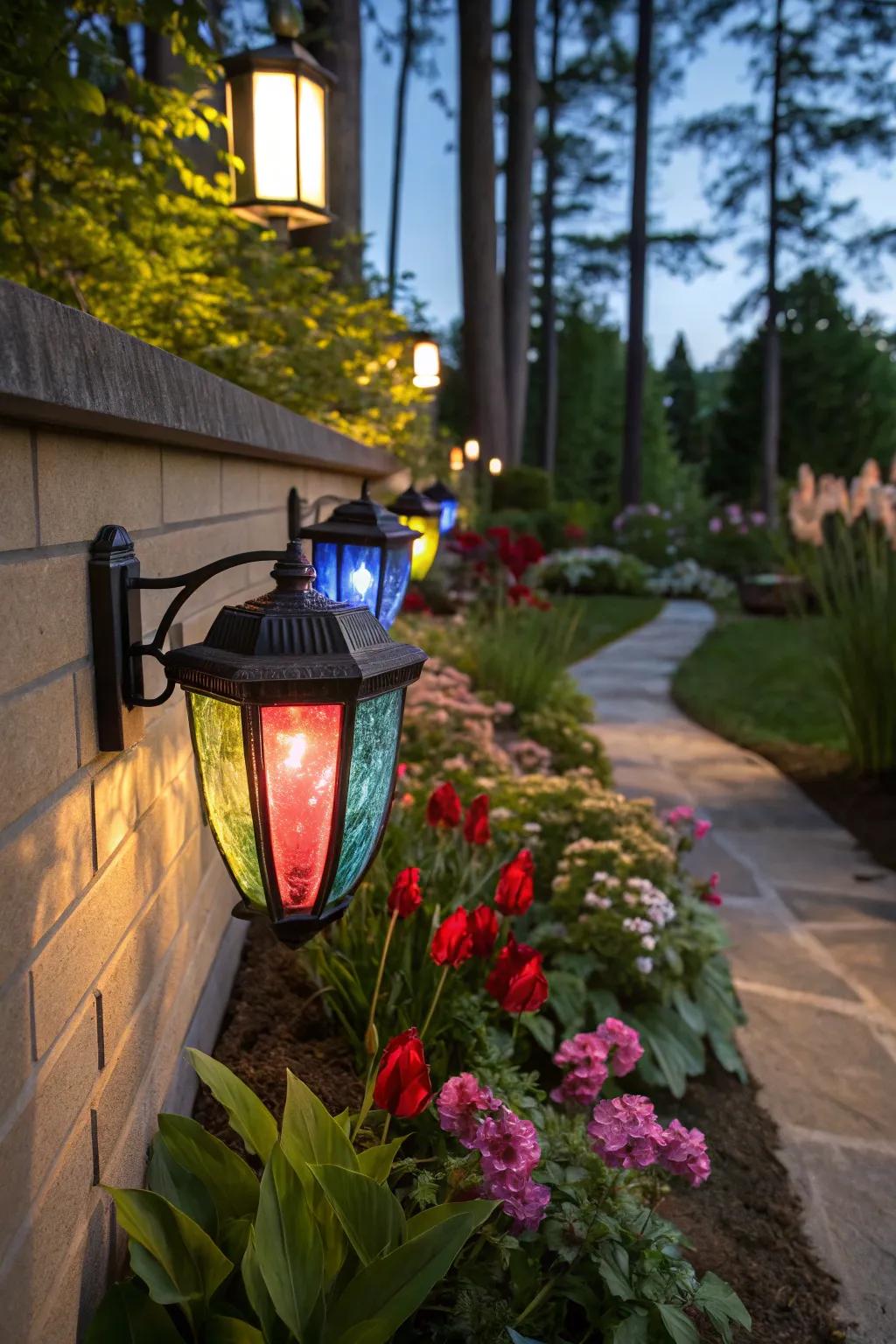 Colored glass adds a whimsical touch to outdoor illumination.