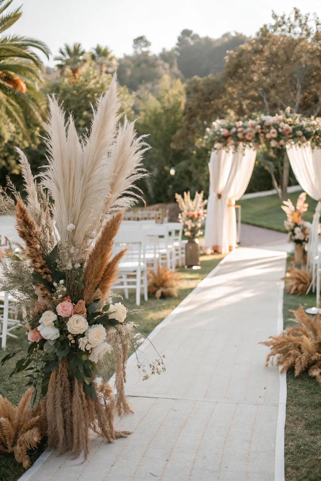 Dried floral settings add a stylish, sustainable touch.